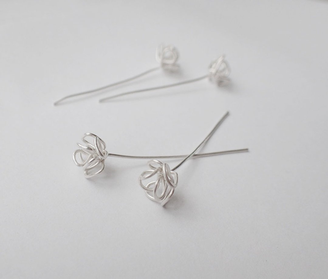 罂粟花, 0.7MM-999纯银线, 耳针式 耳环 (一对) - 耳环/耳夹 - 其他金属 