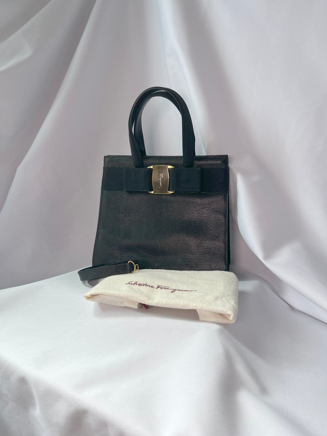 FERRAGAMO Vara Bow Logo Lizard Leather Bag 手提袋/侧肩包 - 侧背包/斜挎包 - 真皮 黑色