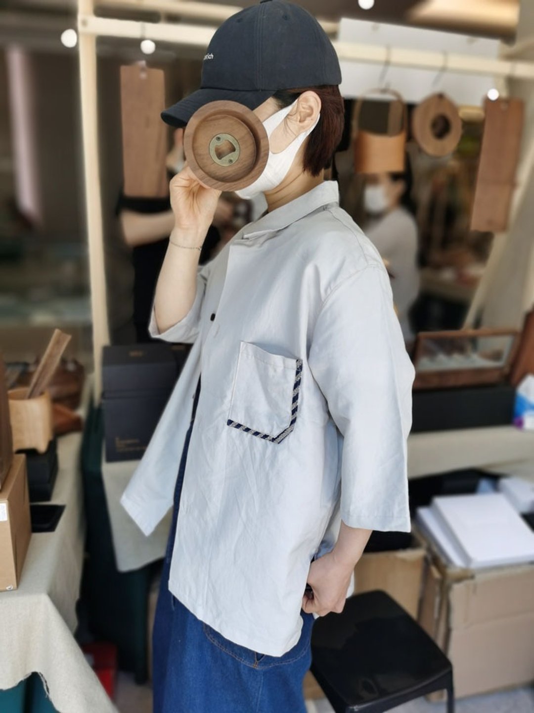 拾弃丝麻拼接手织布中性男女同款半袖衬衫夏威夷衫宽松 - 女装上衣 - 棉 多色