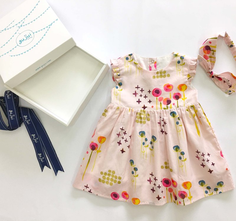 爱丽丝花儿朵朵洋装/发带 弥月礼盒 - 满月礼盒 - 棉．麻 粉红色