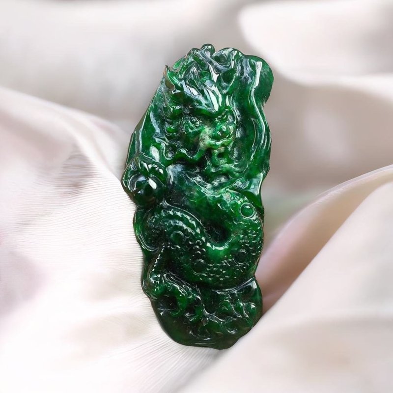 老花青翡翠龙牌 | 天然缅甸玉A货翡翠 | 送礼 - 吊饰 - 玉石 绿色