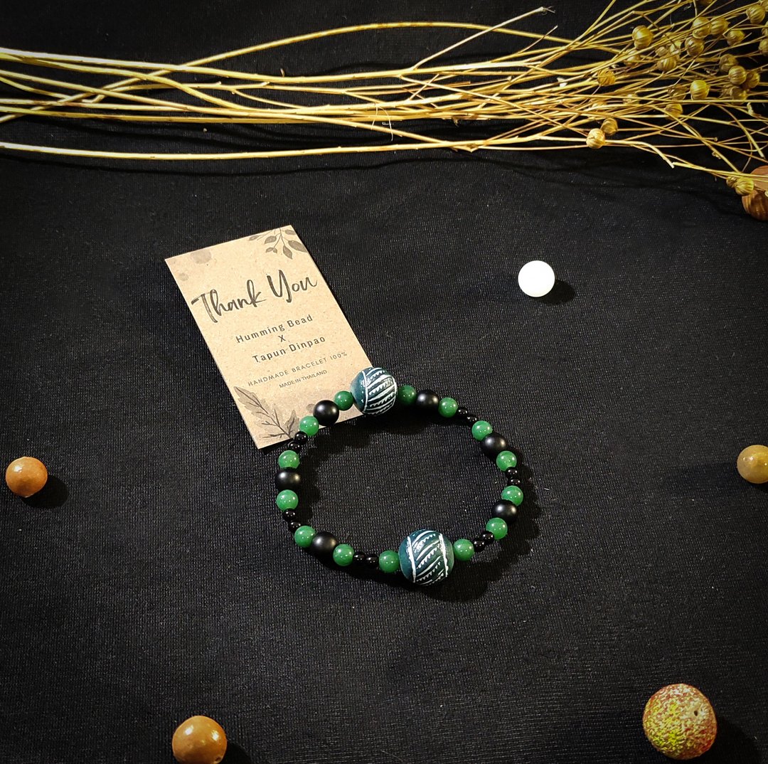 Pottery bead & Green aventurine, Black Onyx Handmade Bracelet - 手链/手环 - 其他材质 黑色