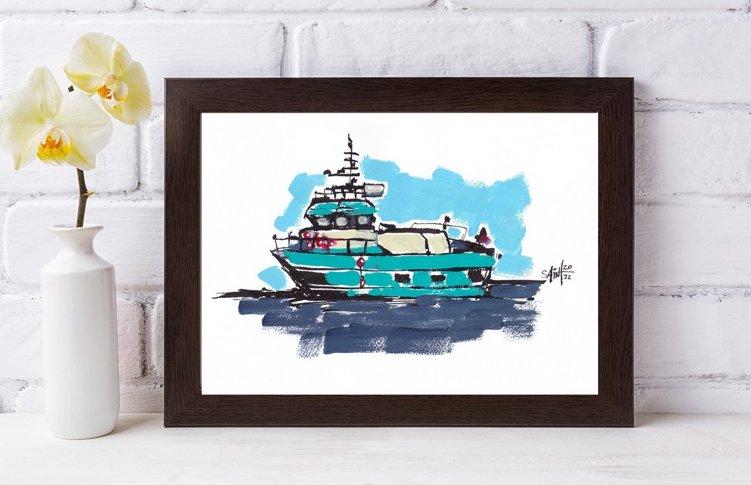 Boat painting original art, acrylic paints, paper - 墙贴/壁贴 - 纸 多色
