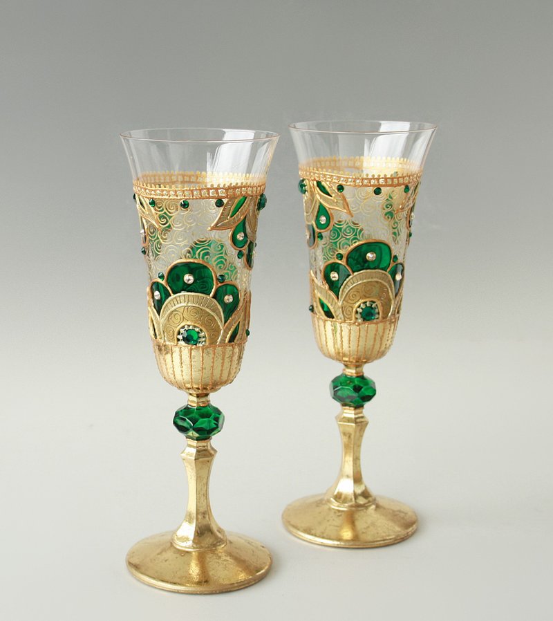 Emerald Gold Royal Champagne Wine Glasses Swarovski Hand-painted set of 2 - 酒杯/酒器 - 玻璃 绿色