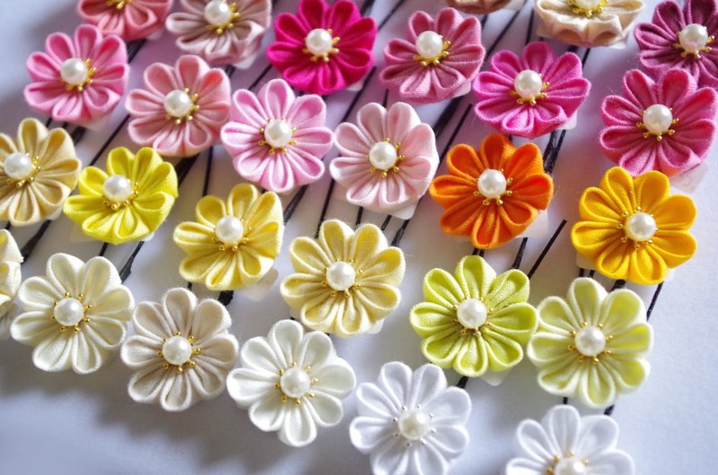 Tsumami-zaiku, cotton sheeting flower U-pin, round knob 2 - 发饰 - 棉．麻 蓝色