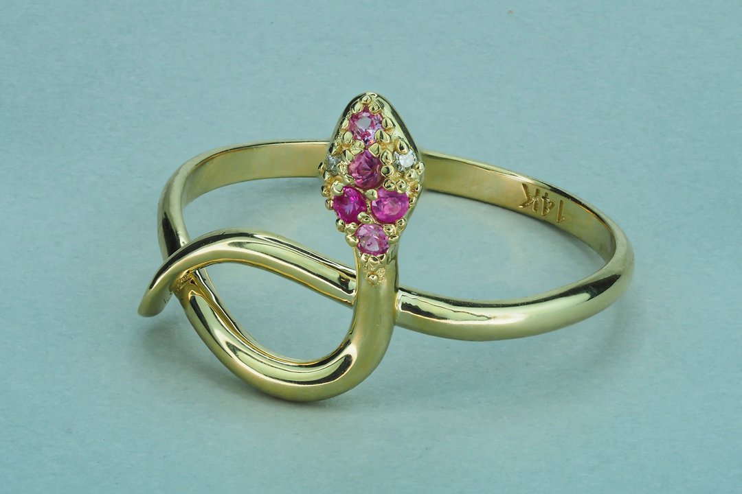 14k gold ring with sapphires and diamonds. Snake gold ring. - 戒指 - 贵金属 金色
