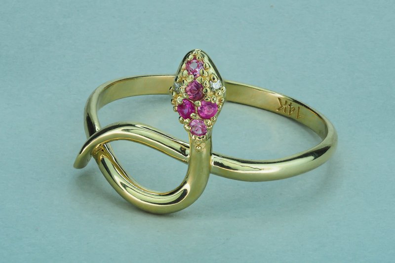 14k gold ring with sapphires and diamonds. Snake gold ring. - 戒指 - 贵金属 金色