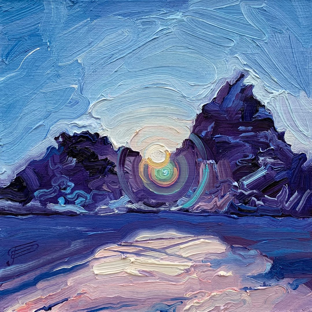冰冻的湖面上的最后一抹阳光。原创油画 帆布板。20x20厘米 - 墙贴/壁贴 - 棉 