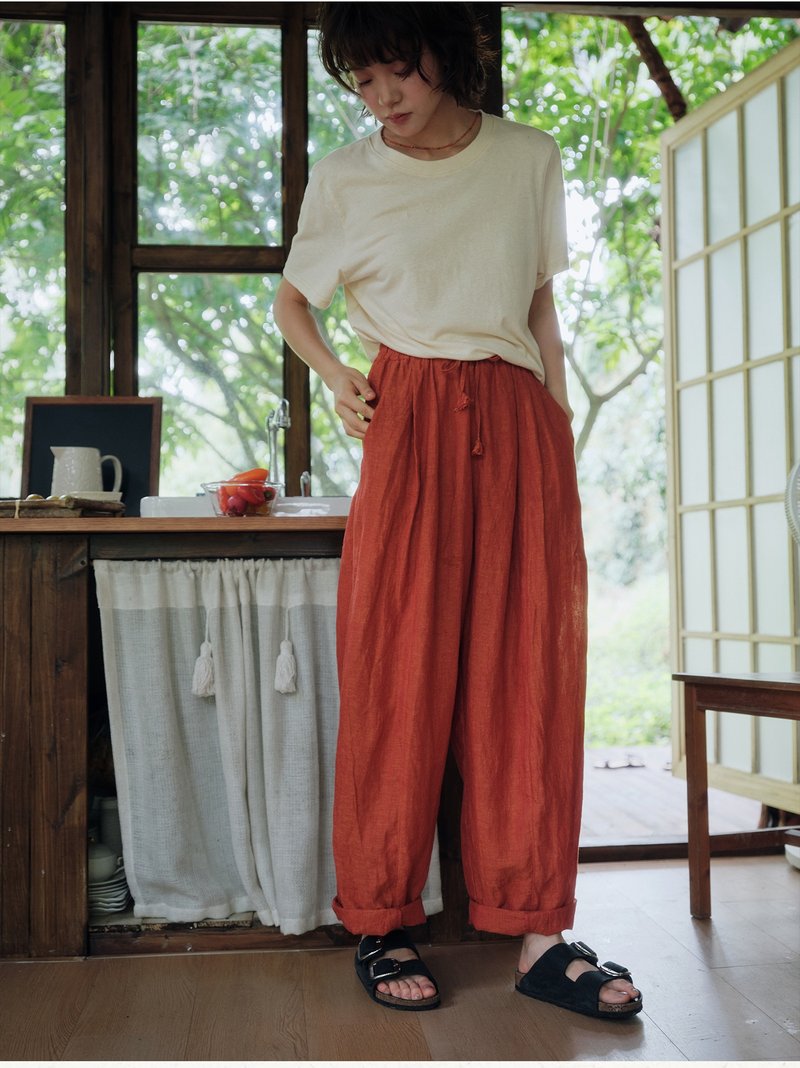 两色亚麻气球裤松紧腰复古 - 女装长裤 - 棉 多色