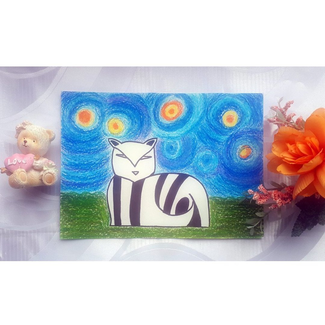 猫咪高格《星夜》水彩纸油画粉彩艺术，局外人绘画 - 墙贴/壁贴 - 纸 多色
