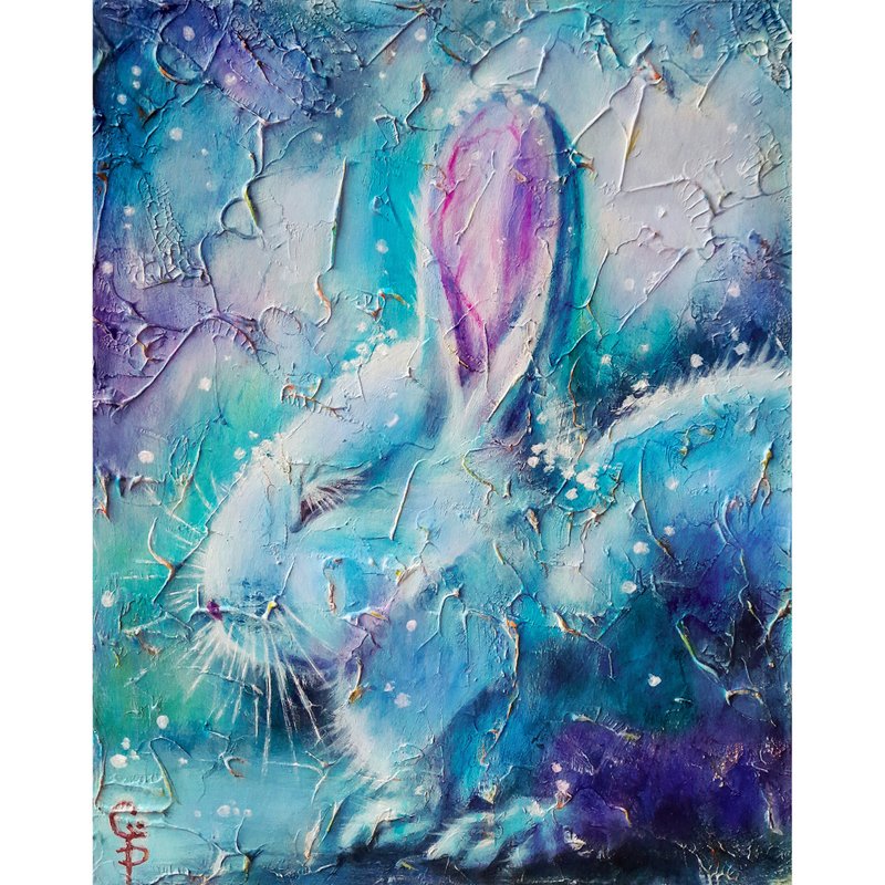 兔子油画野兔墙艺术野生动物冬季森林家居装饰艺术品 - 墙贴/壁贴 - 其他材质 蓝色