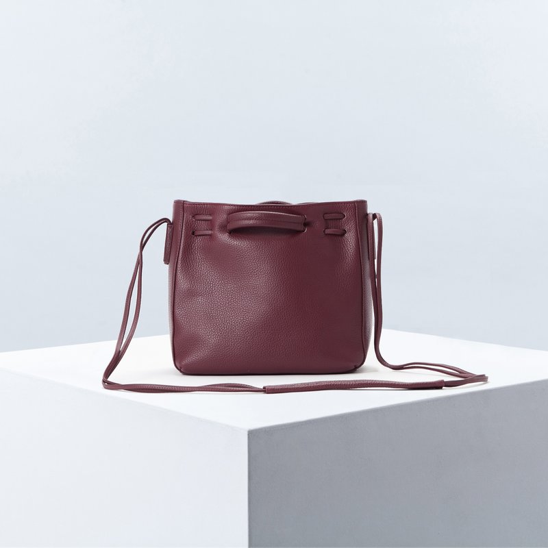 Clyde Cloud XS Leather Bucket Bag in Aubergine Color - 束口袋双肩包 - 真皮 红色