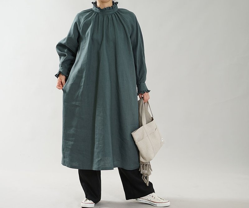 wafu Linen dress / midi length / long sleeve / frill collar / green a088a-lre1 - 洋装/连衣裙 - 棉 绿色