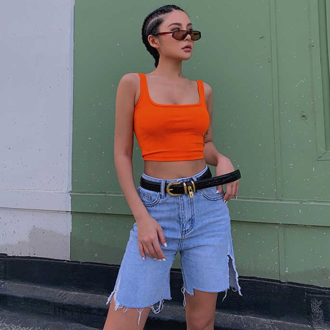 Orange Neon Cami Crop Top - 女装上衣 - 聚酯纤维 橘色
