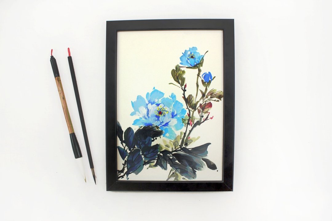 摇曳水蓝-手绘挂画 牡丹花国画 家居摆饰 (附画框) - 海报/装饰画/版画 - 其他材质 蓝色