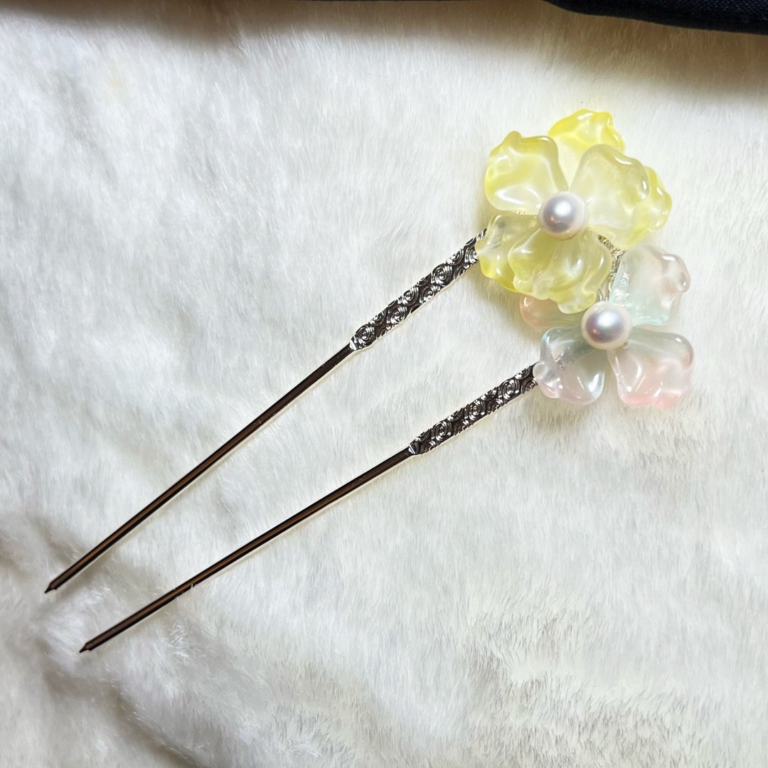 黄粉透青绿双樱草花珍珠发簪 · 一物一图 · - 发饰 - 珍珠 黄色