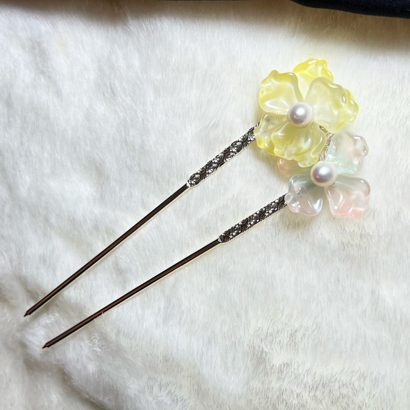 黄粉透青绿双樱草花珍珠发簪 · 一物一图 · - 发饰 - 珍珠 黄色