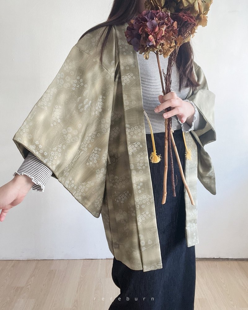 日本制和风印花绿色古着羽织和服外套 - 女装休闲/机能外套 - 聚酯纤维 绿色
