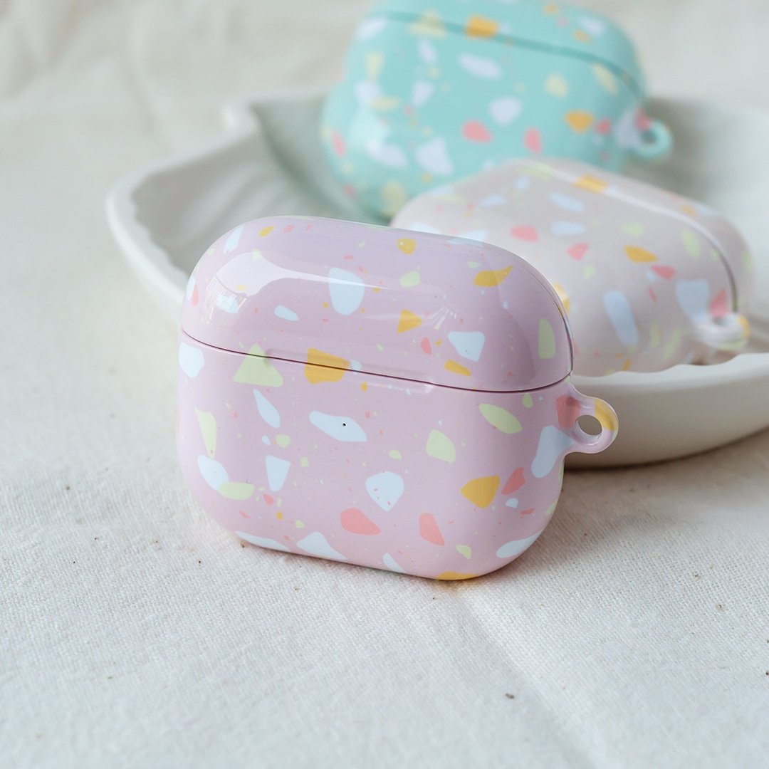 【定制化】粉牡丹水磨石 AirPods Pro 3 / AirPods 4 保护壳 - 耳机收纳 - 塑料 粉红色
