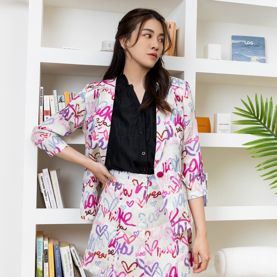 【MEDUSA】街头爱心涂鸦亚麻垫肩西装外套(M-XL) | 女凉感外套 - 女装西装外套/风衣 - 棉 粉红色