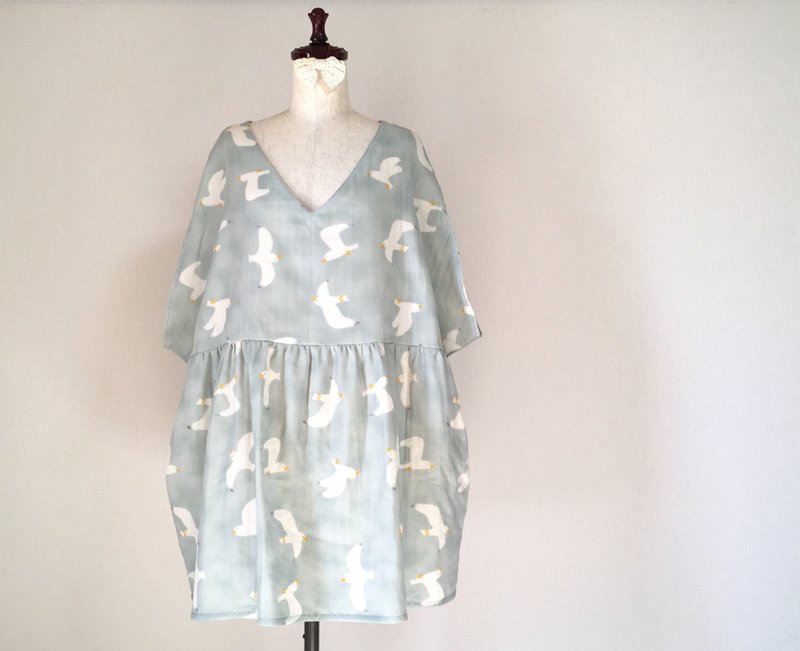 Seagull pattern tunic One piece double gauze - 洋装/连衣裙 - 棉．麻 灰色