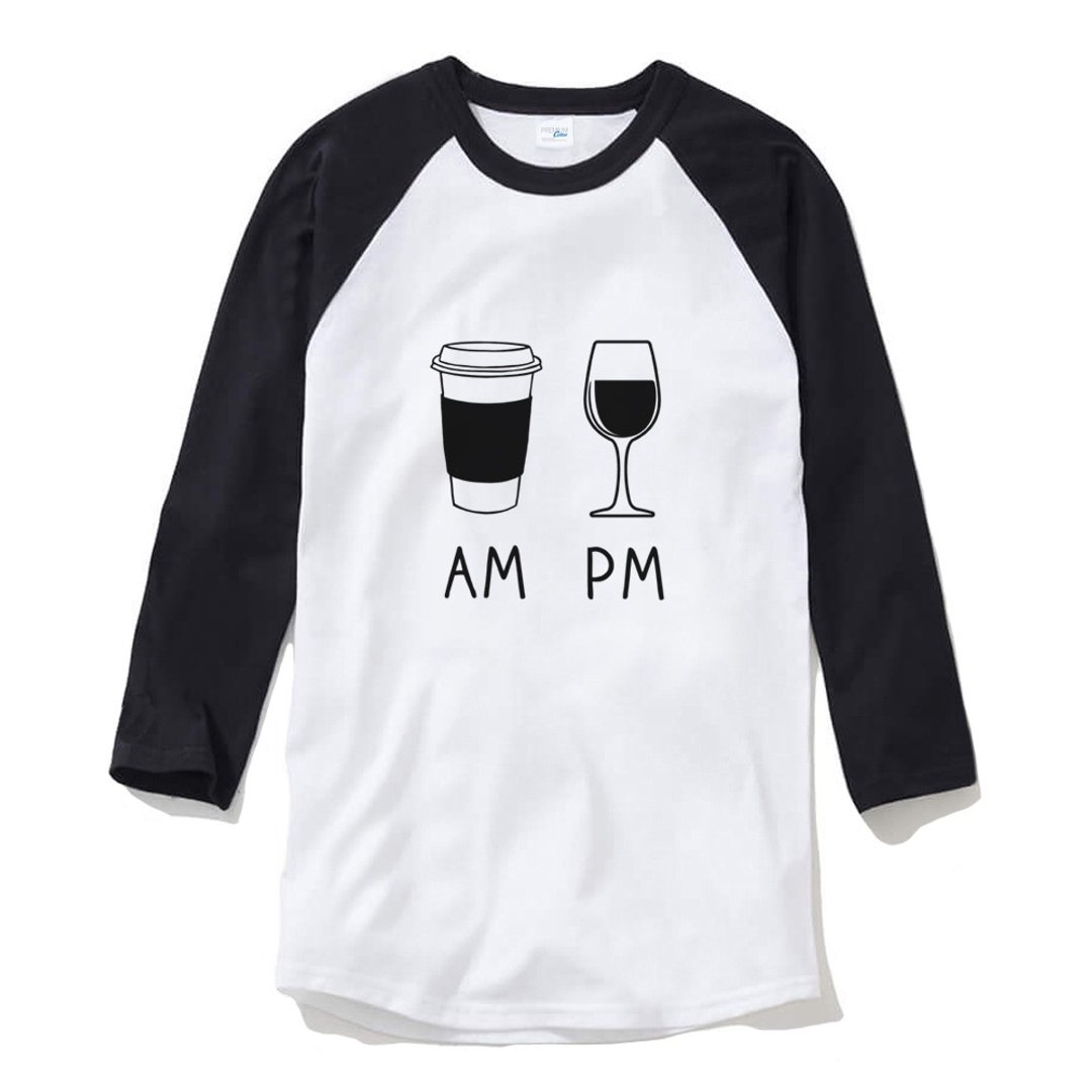 COFFEE AM WINE PM 中性 七分袖T恤 白黑色 咖啡 酒 插画 礼物 - 男装上衣/T 恤 - 棉 白色