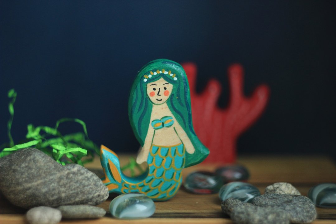 Wooden Mermaid turquoise Toy. Wooden dolls. Wooden fairytale toys. - 玩具/玩偶 - 木头 蓝色