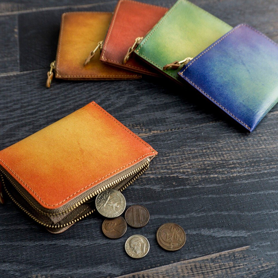 Coin Case [Gradation Leather] Genuine Himeji Leather Wallet Compact L-shaped Zipper Men's HO01K - 零钱包 - 真皮 橘色