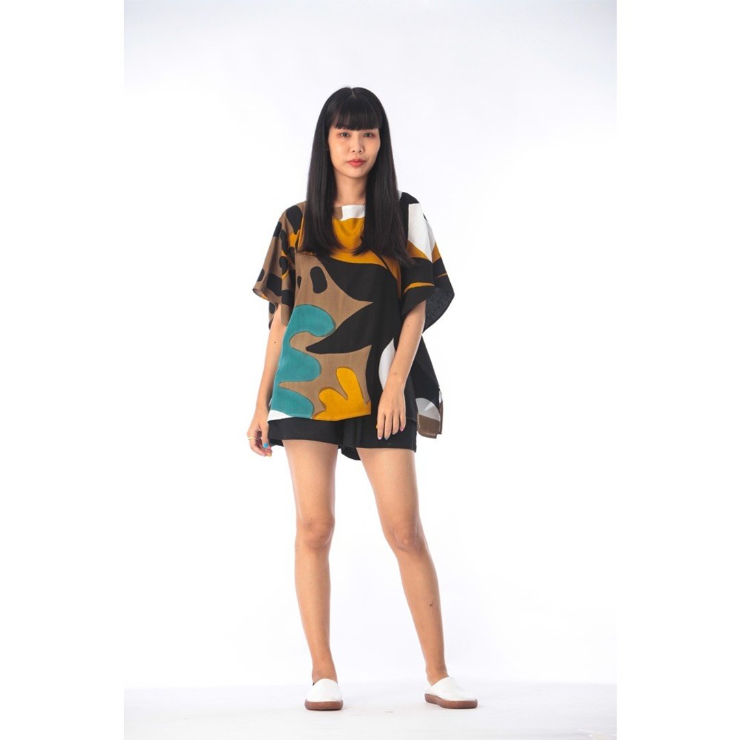 Poncho Blouse Cotton Silk Hand Painted for Summer resort vac - 女装上衣 - 棉．麻 黄色