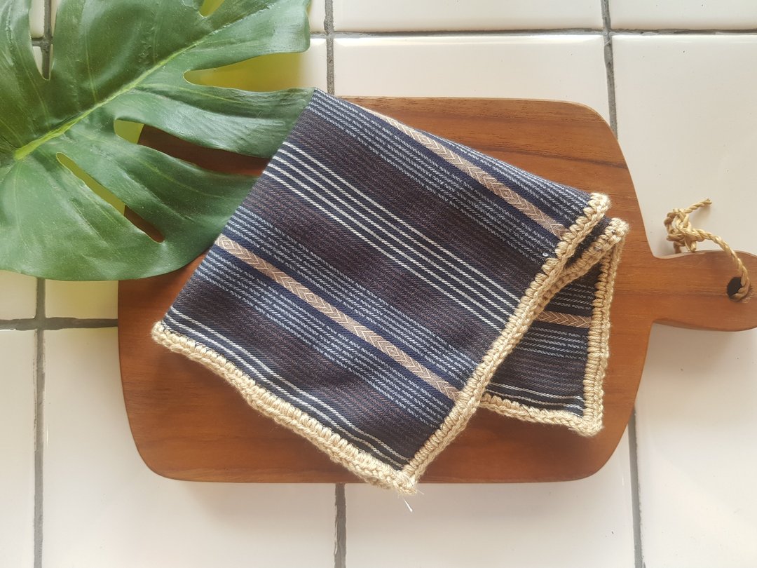 Pocket Square - Stripe Dark Blue Knitted Edge - 手帕/方巾 - 棉 