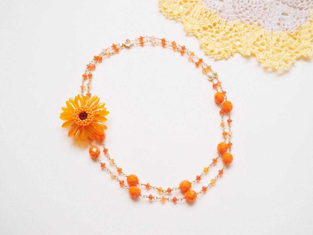 Demi Parure Orange Short Long 2way Elegant Costume Jewelry Set with Gerbera Brooch and Czech Beads Double Necklace - 项链 - 玻璃 橘色