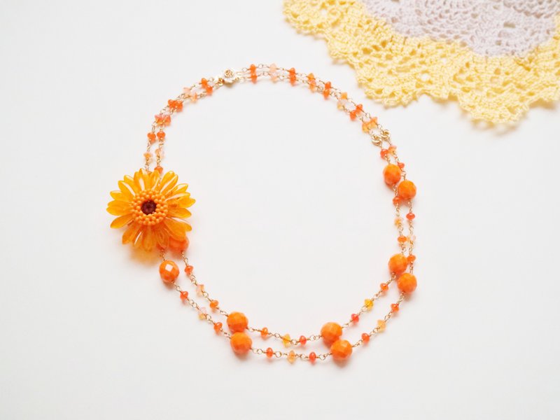 Demi Parure Orange Short Long 2way Elegant Costume Jewelry Set with Gerbera Brooch and Czech Beads Double Necklace - 项链 - 玻璃 橘色