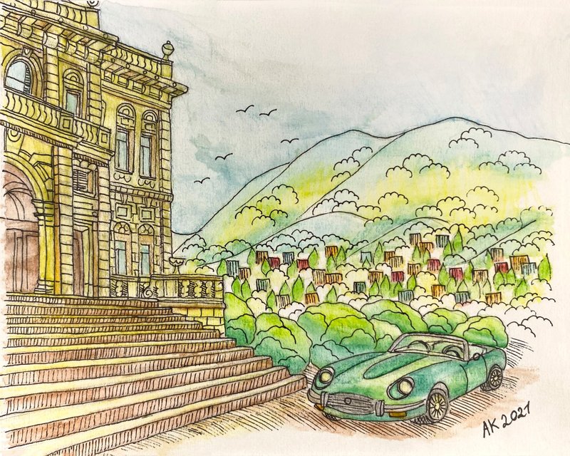 意大利夏季水彩画，捷豹汽车，科莫湖，埃尔巴别墅，艺术品 - 墙贴/壁贴 - 其他材质 绿色