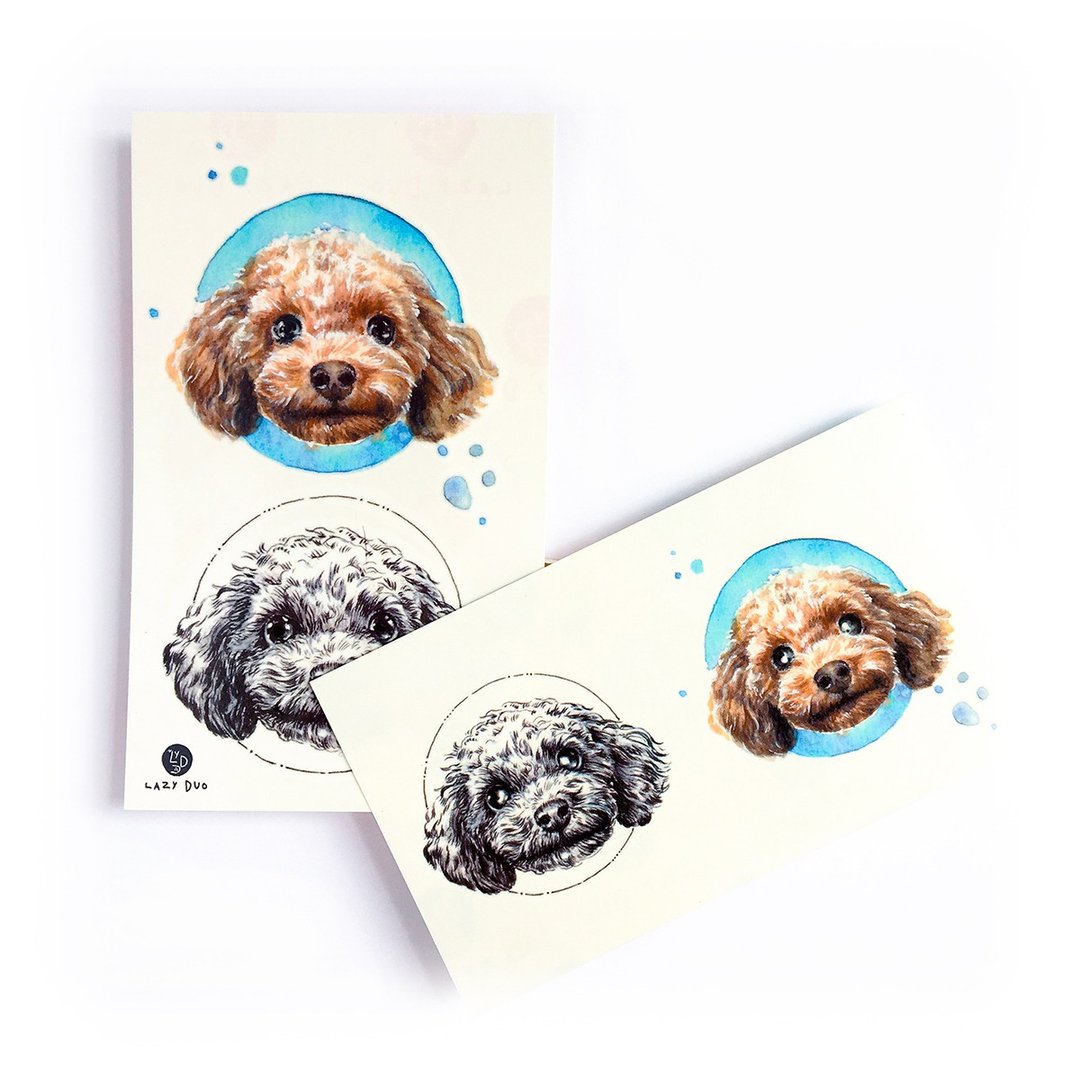 Poodle玩具红贵宾犬迷你贵妇狗宠物手绘水彩动物刺青纹身贴纸文青 - 纹身贴 - 纸 多色