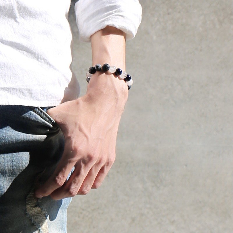 墨色::天然石-黑发晶/火山岩/白水晶/蓝金砂/手链礼物定制设计 - 手链/手环 - 宝石 黑色