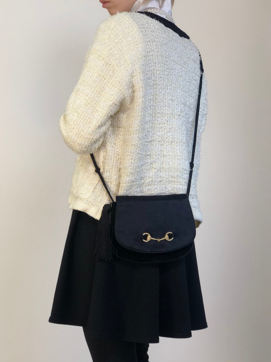 【日本直送 名牌中古包】GUCCI 古驰 黑色 绒面 拼接 织锦 压纹 马衔 饰穗 复古 斜背包 - 侧背包/斜挎包 - 棉 黑色