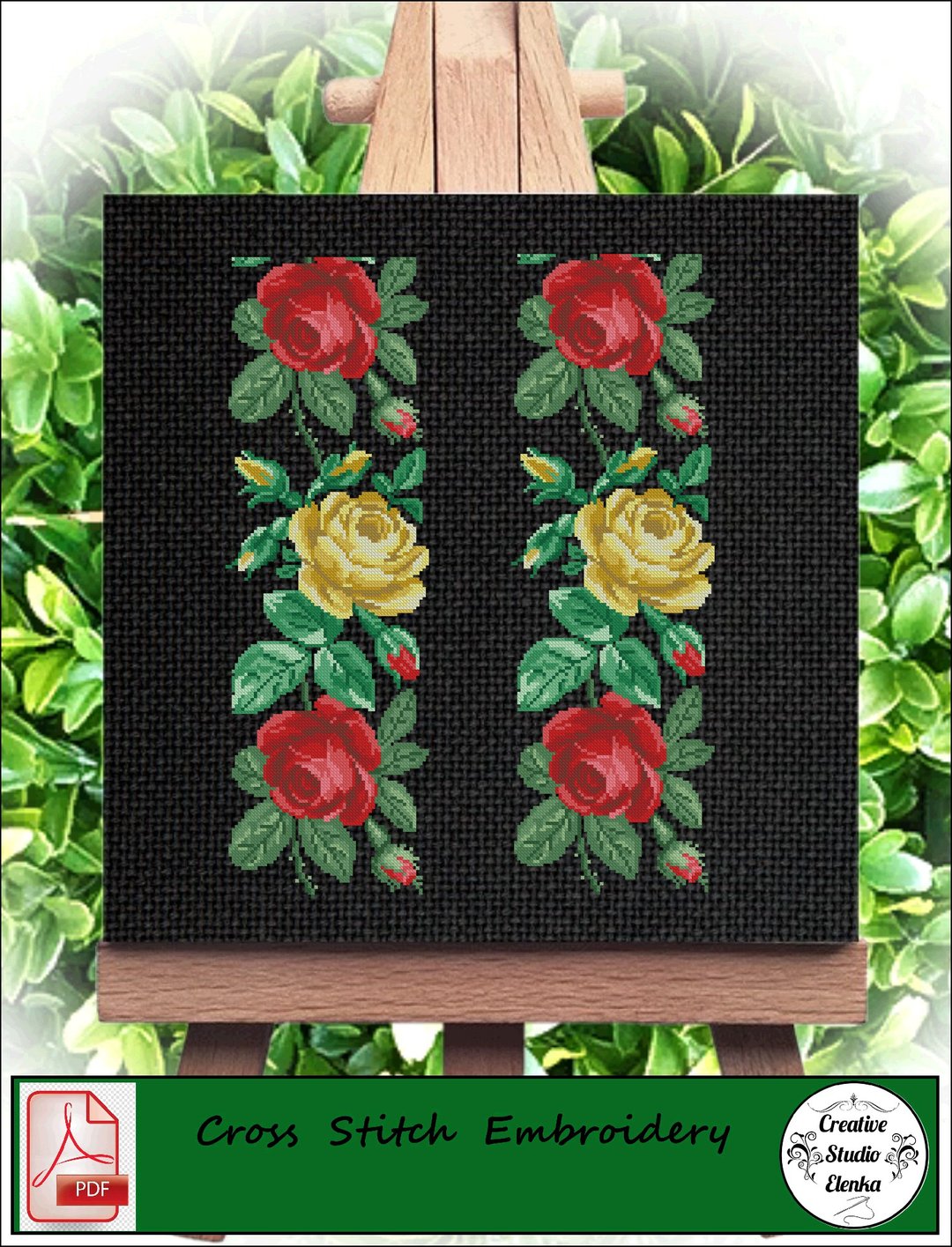 Vintage Cross Stitch Scheme Rose panel - PDF Embroidery Scheme - 编织/刺绣/羊毛毡/裁缝 - 其他材质 