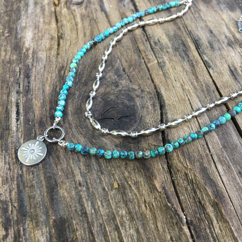 【Lost and find】双层 天然石 松石 太阳 项链 - 项链 - 宝石 蓝色