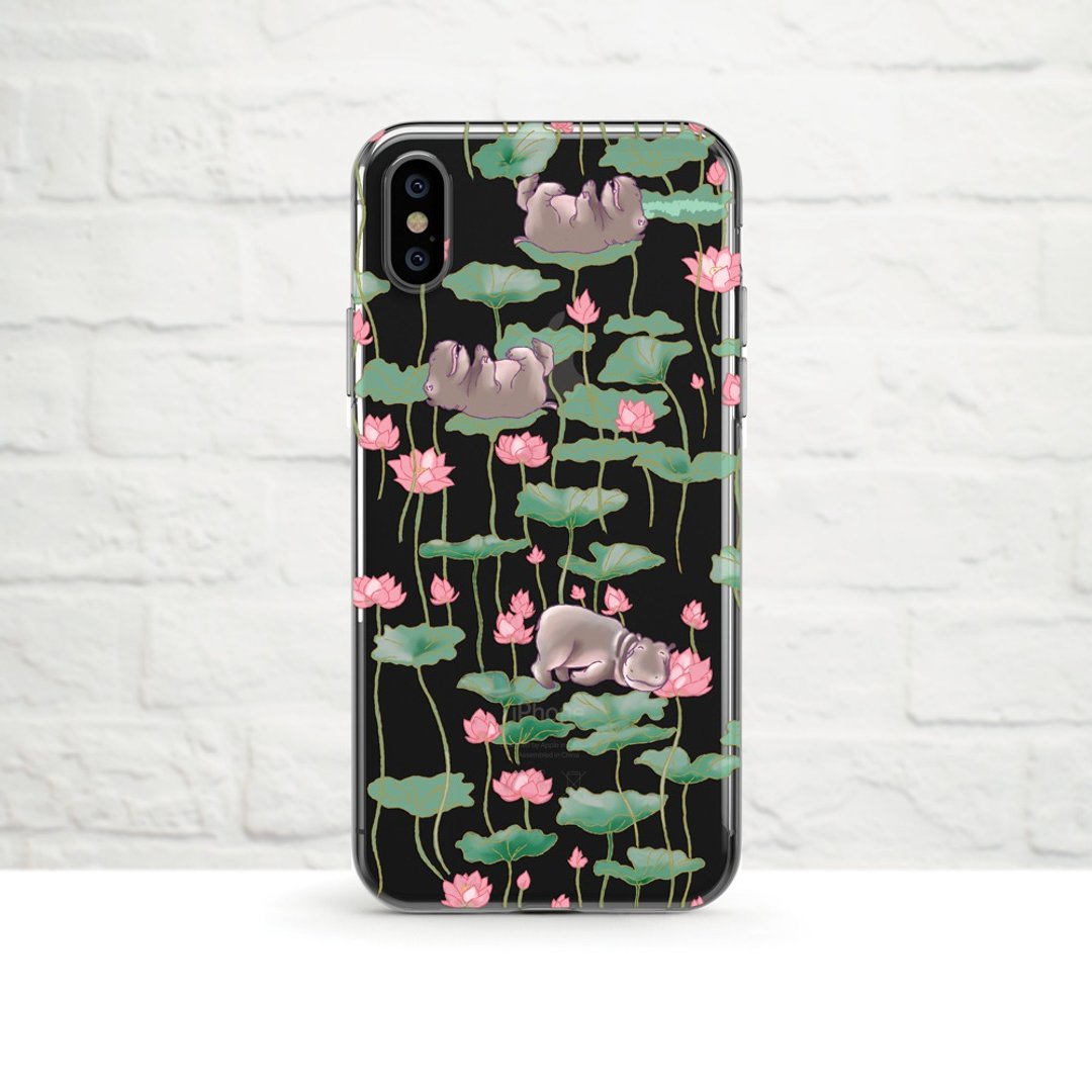 小河马,莲花-防摔透明软壳- iPhone14, 至 iPhoneSE2, Samsung - 手机壳/手机套 - 硅胶 紫色