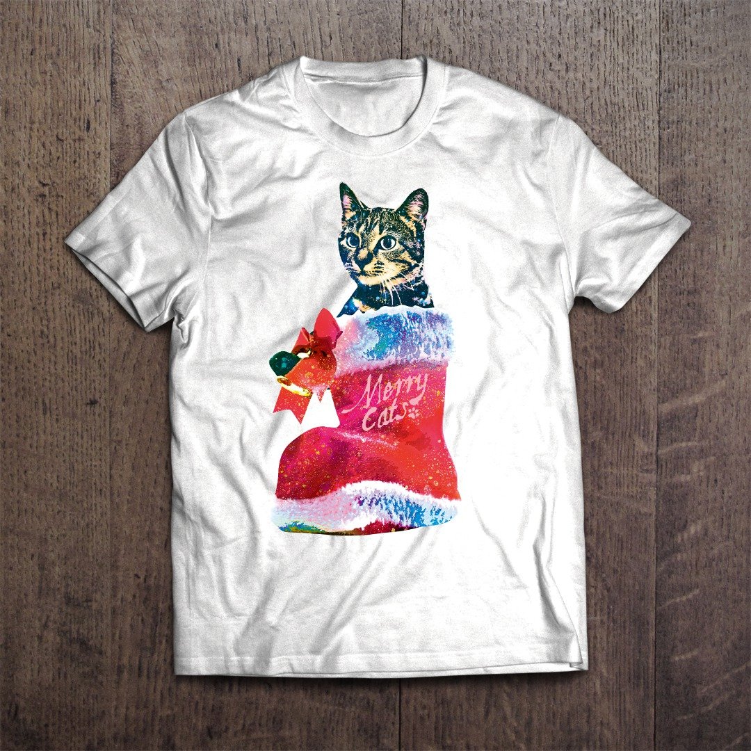 Cat Christmas T-shirt Merry Cats - 女装 T 恤 - 棉 白色