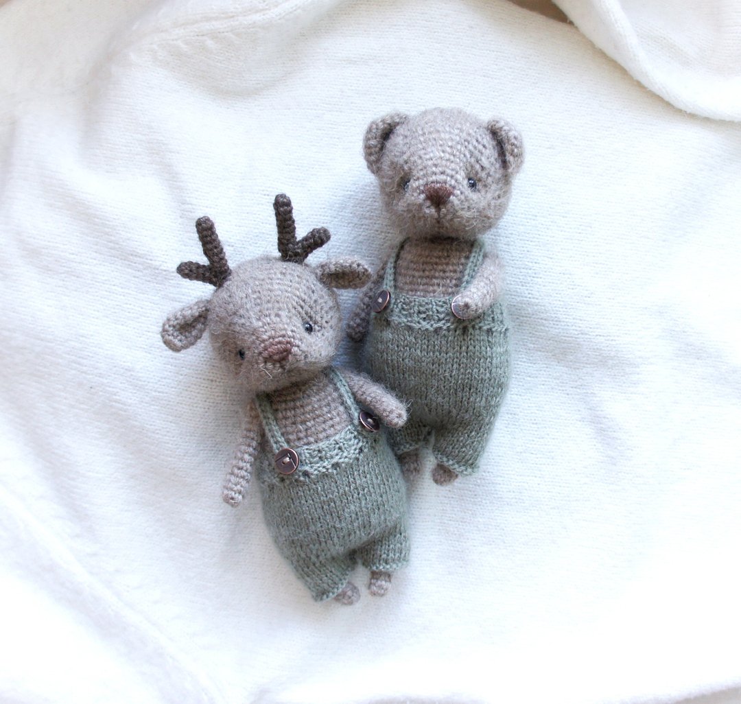 Set of Soft Deer and Bear, Woodland Stuffed Animals Dolls, Dolls with clothes - 玩偶/公仔 - 羊毛 绿色