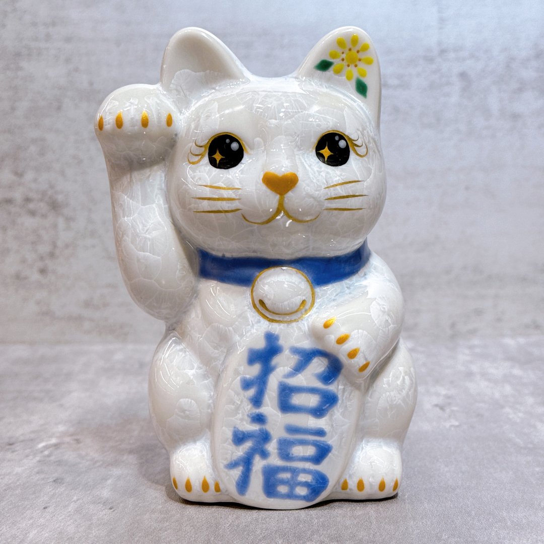【雪喵招祥】日本清水烧招财猫 | 花结晶 白 - 招福 右 - 摆饰 - 瓷 白色