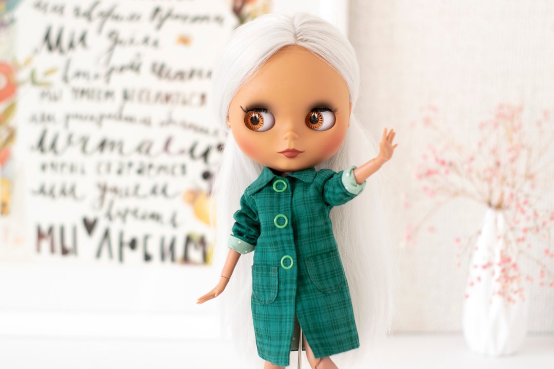 Green coat for dolls Blythe, Pullip, BJD 1:6, doll outfit, raincoat, outerwear - 玩偶/公仔 - 棉 绿色