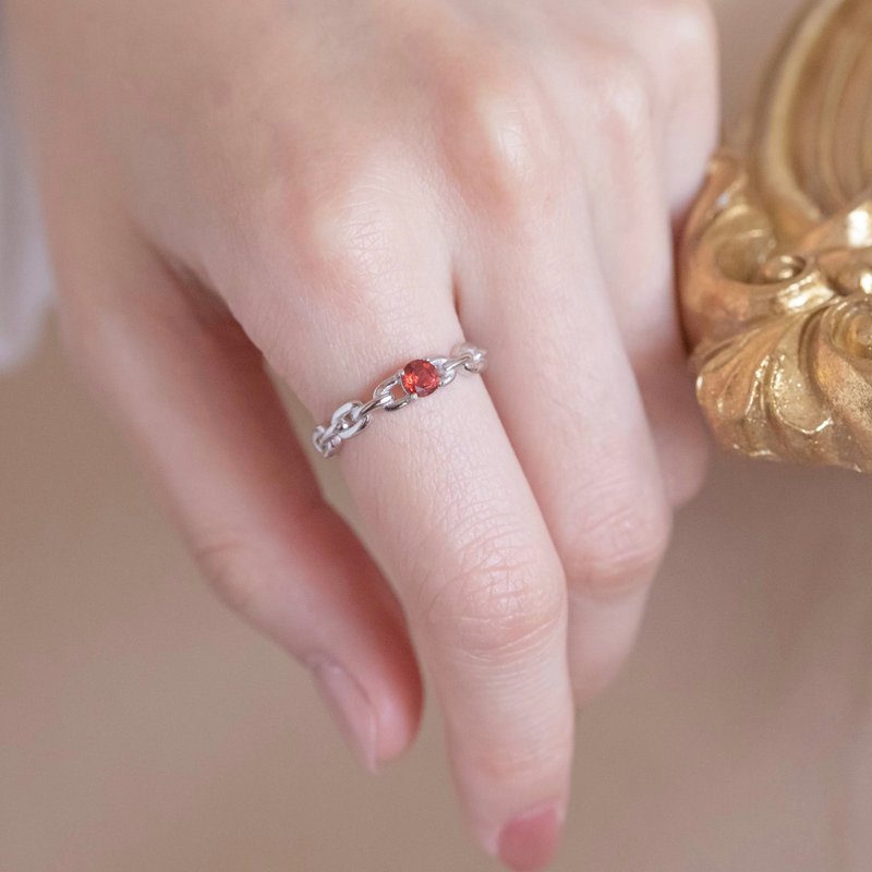 石榴石925纯银相链相恋粗链条戒指 可调式戒指 - 戒指 - 宝石 银色