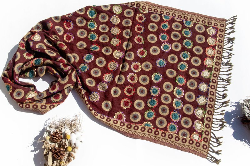 喀什米尔Cashmere/水煮羊毛披肩/针织围巾/刺绣围巾/羊绒披巾-圆 - 围巾/披肩 - 羊毛 多色