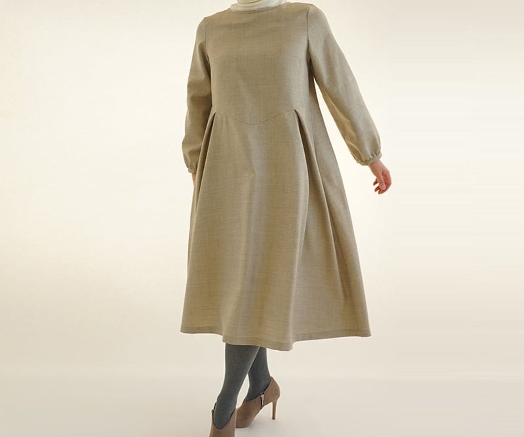 Wool linen back ribbon dress / beige a39-20 - 洋装/连衣裙 - 棉 