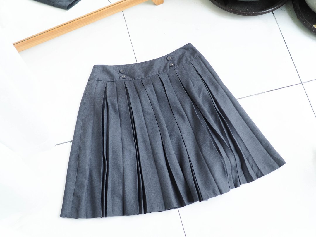 独立象灰青涩春季优雅女人 古董棉质百褶裙A字裙 skirt - 裙子 - 棉 灰色