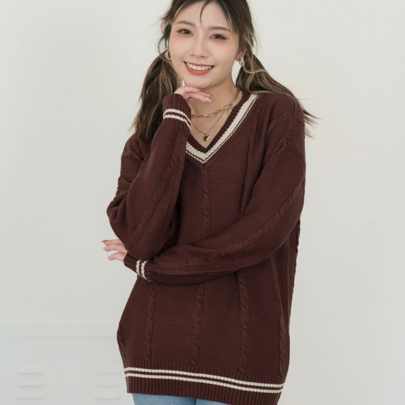 V领学院风针织毛衣 深蓝/深咖 - 男装针织衫/毛衣 - 聚酯纤维 蓝色