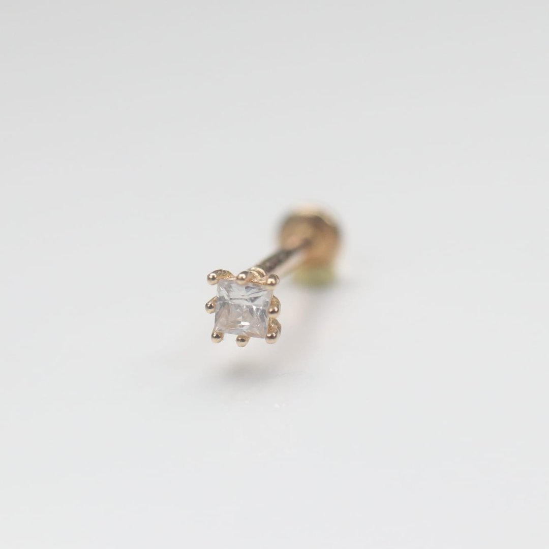 14K 六爪菱形钻锁珠耳环(小)  (前锁 平底 圆饼) (单个)耳骨 耳窝 - 耳环/耳夹 - 贵金属 金色