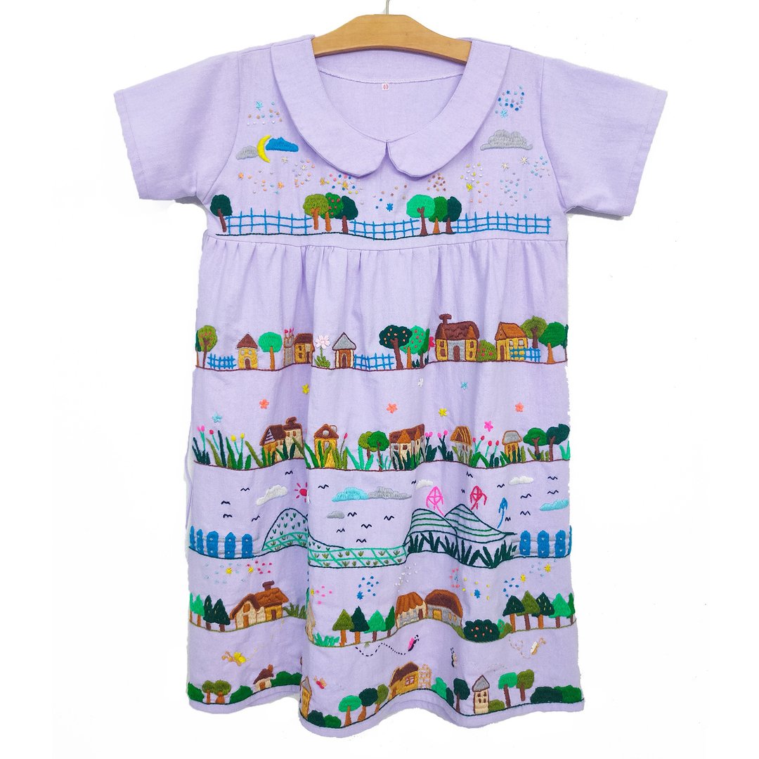 Custom Order | No.STA0199 A-line dress, short sleeves, thick cotton, 100% hand Embroidery thread, community pattern. - 洋装/连衣裙 - 绣线 紫色